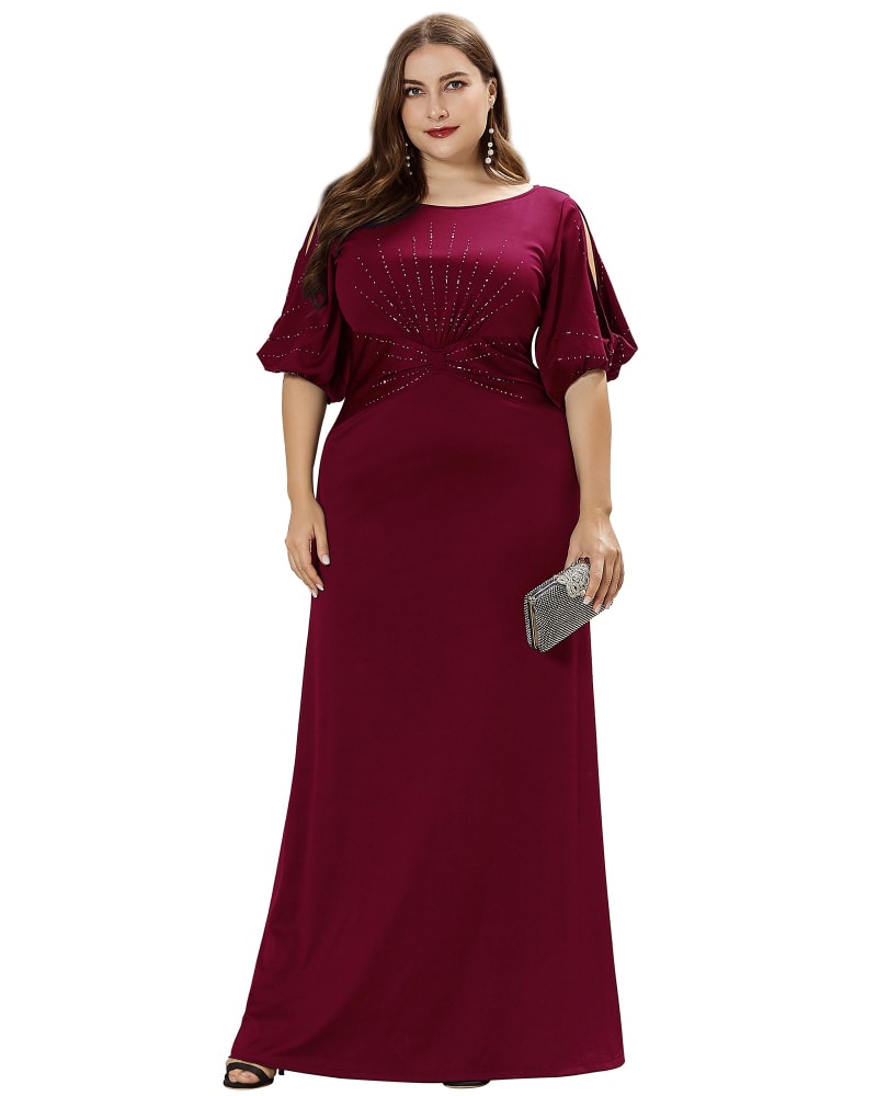 Front of a model wearing a size 18 Simple Bodycon Formal Evening Dress in Burgundy by Ever-Pretty. | dia_product_style_image_id:288125